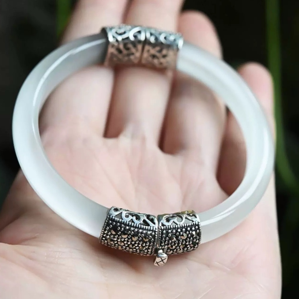 S925 Silver White Jade-Inspired Bangle Minimalist Designer Open Cuff Bracelet